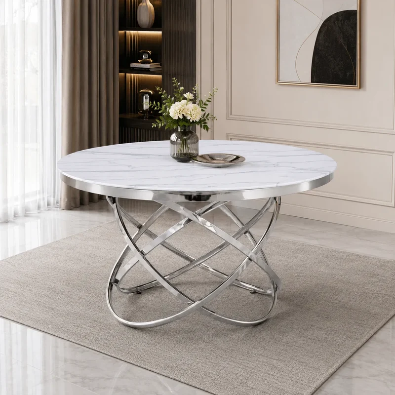 Table à manger marbre blanc argent EVO