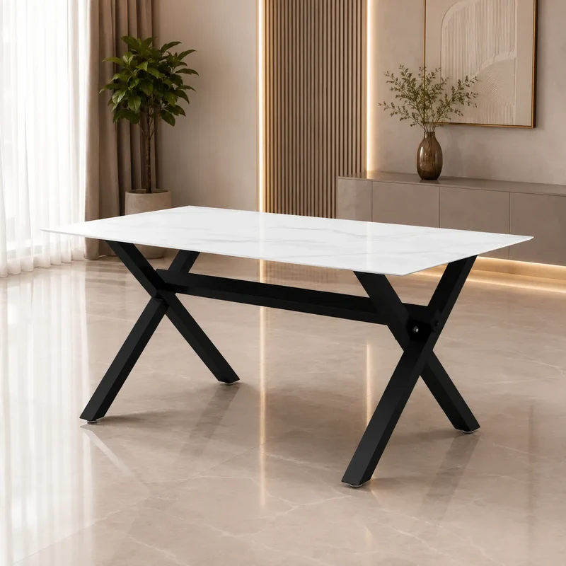 Table à manger marbre blanc pied CROSS