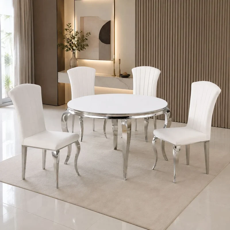 Table avec 4 chaises ronde argent blanc NEO