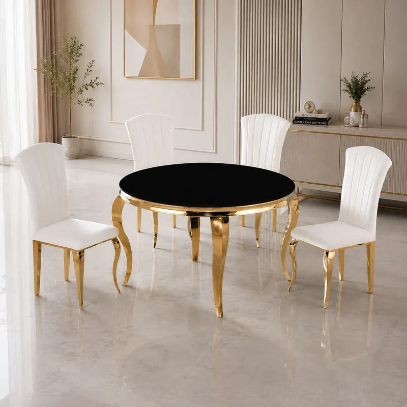 Table avec 4 chaises ronde dorée noir NEO