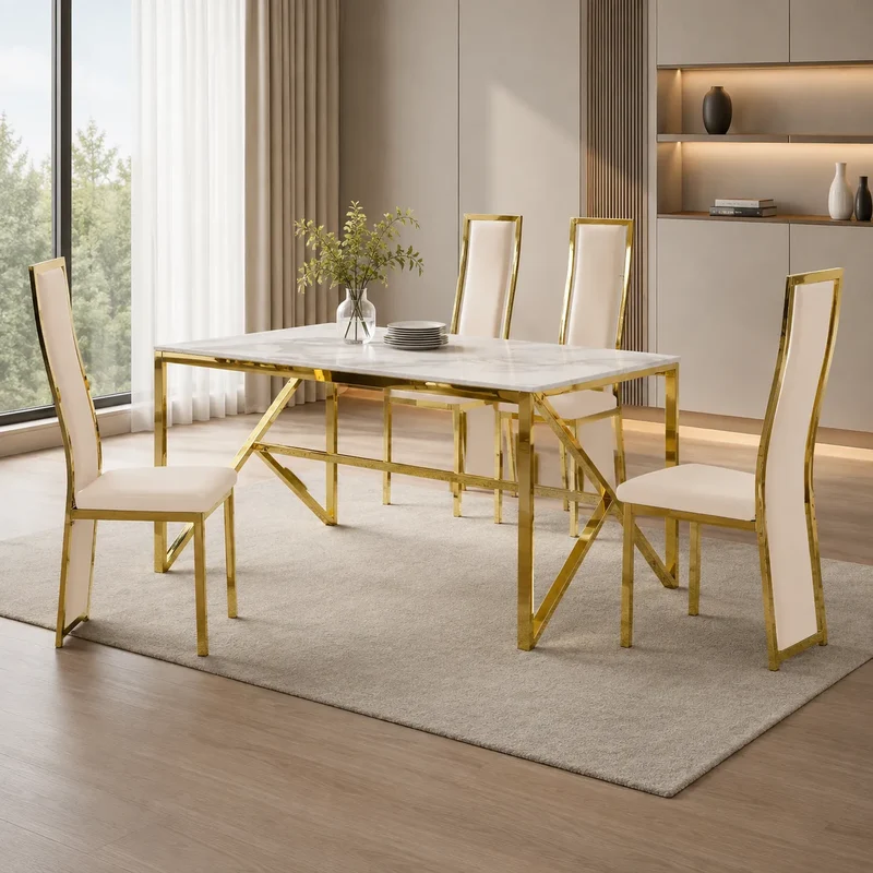 Table et 4 chaise dorée beige marbre beige DIA