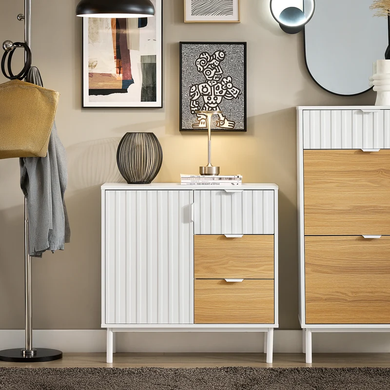 SoBuy FSB91-WN Buffet Meuble de Rangement avec 3 Tiroirs et 1 Porte, Pieds en Métal, Commode Multifonction pour Entrée Salon – 75x35x76 cm, Blanc et Naturel