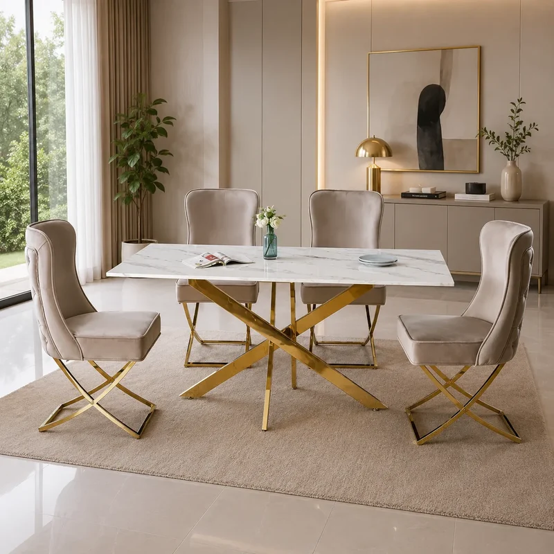 Table à manger rectangulaire design verre marbré et pieds dorés 6 personnes MELISSA