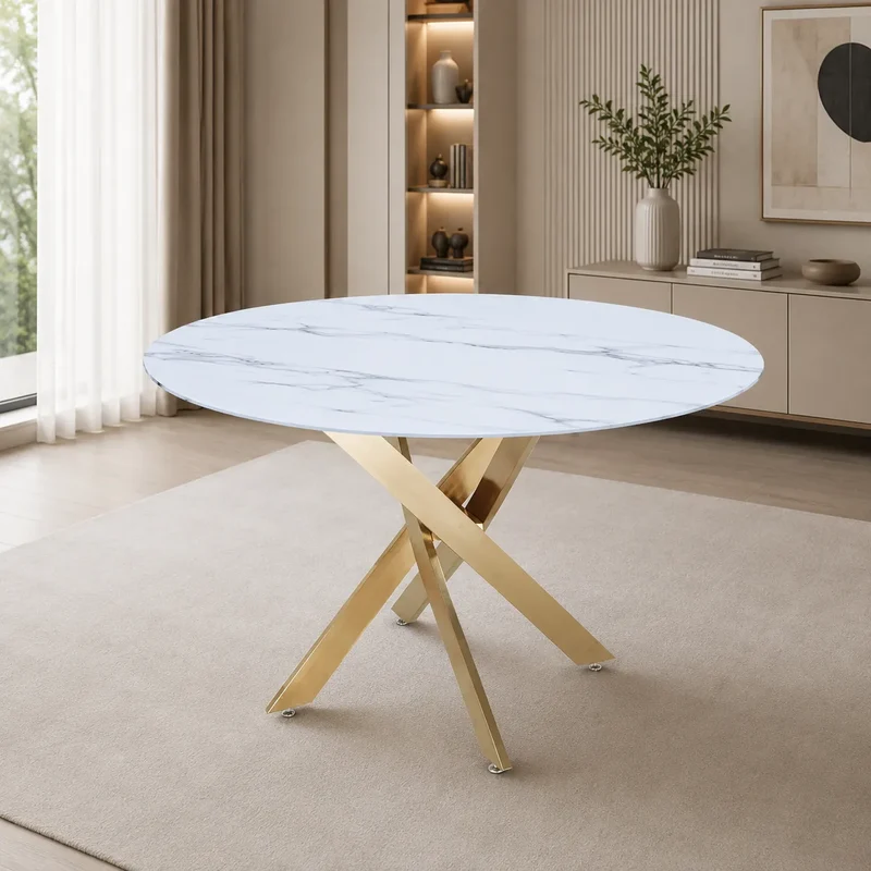 Table à manger ronde design verre marbré et pieds dorés 4 personnes MELISSA
