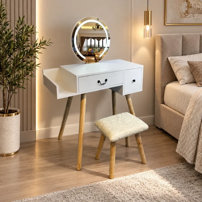 Coiffeuse Blanche avec Miroir et Tabouret