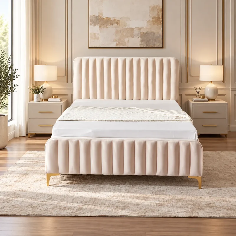 Lit FAYE CAPITONNE EN LIGNE Velours BEIGE