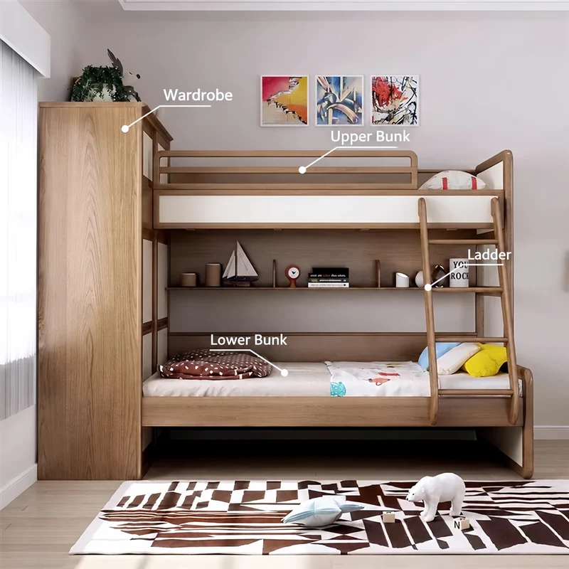 Lit superposé avec lit gigogne, armoire, échelle et meuble à tiroirs d'escalier