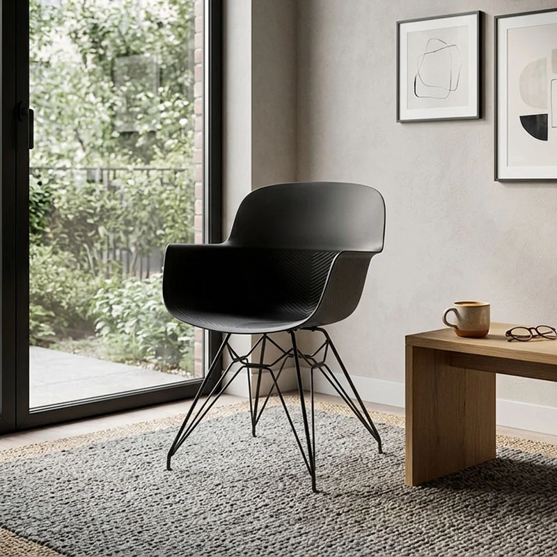 Modern Minimalist PP & Steel Armrest Dining Chairs - Ergonomic Curved Back, Textured Seat, 4-Piece Set