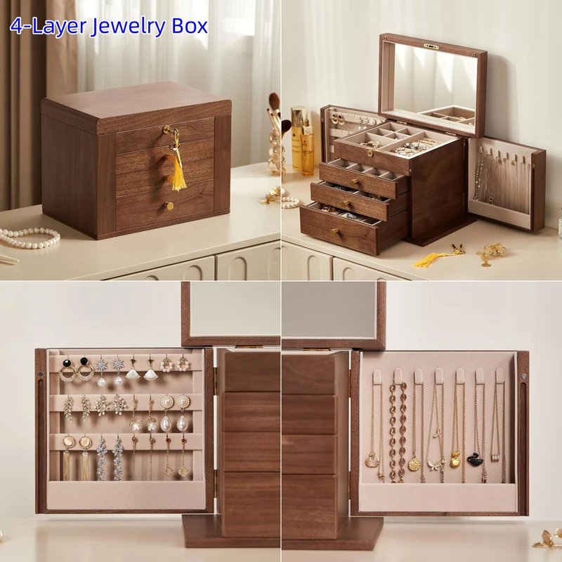 Coffret à bijoux en bois massif avec rangement à plusieurs niveaux et miroir