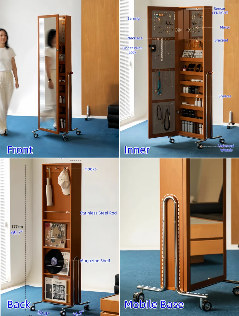 Armoire à bijoux mobile avec miroir pleine longueur et serrure à empreinte digitale
