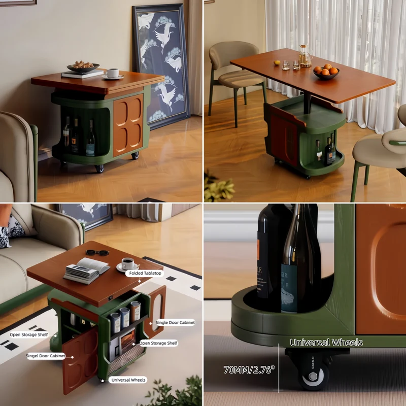 Table d'appoint relevable de style nordique rétro avec rangement et roulettes universelles