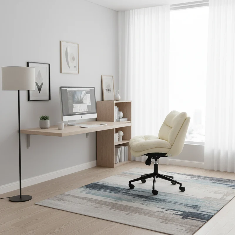 Modern Minimalist Solid Wood & Plywood Steel Upholstered Rolling Desk Chair With Adjustable Height Swivel Design For Bedroom