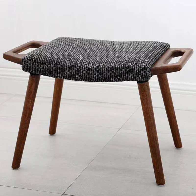Contemporary Retro Cotton Linen Curved Seat Solid Wood Vanity Stool With Handles For Bedroom