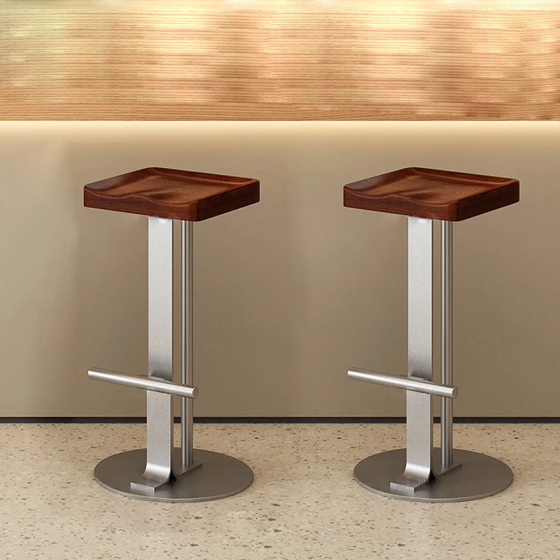 Modern Minimalist Rectangular Wrought Iron Solid Wood Bar Stool With Footrest For Dining Room