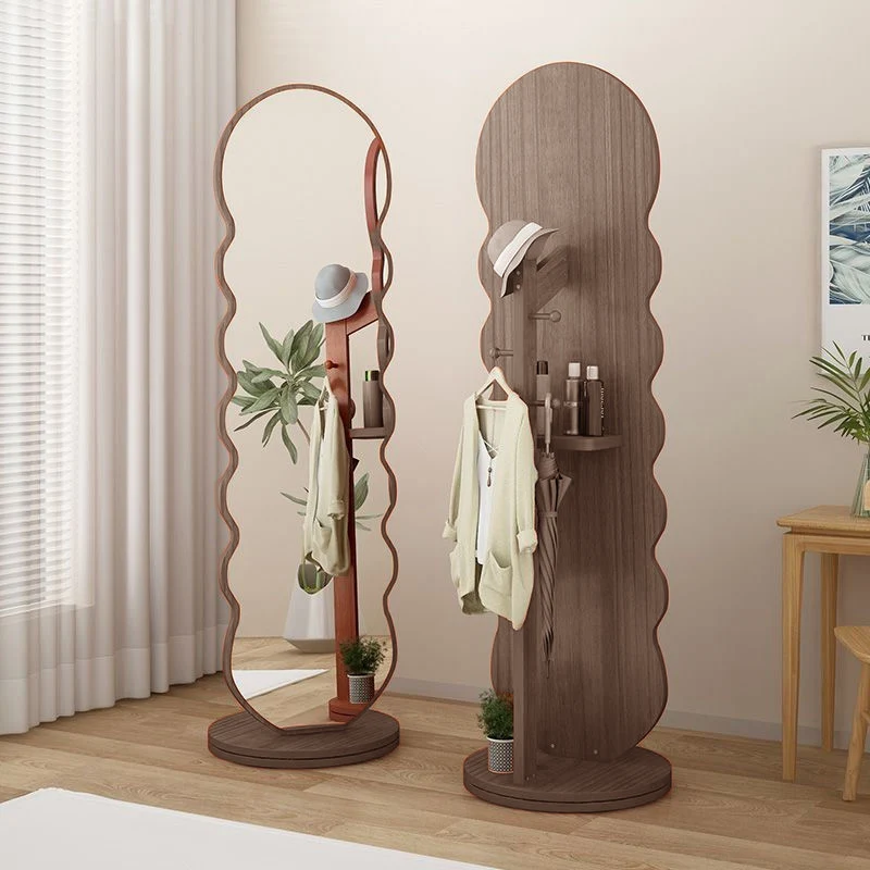 Modern Minimalist Oval Round Wavy Chipboard Glass Rotatable Full-Length Floor Mirror 2-Tier For Bedroom