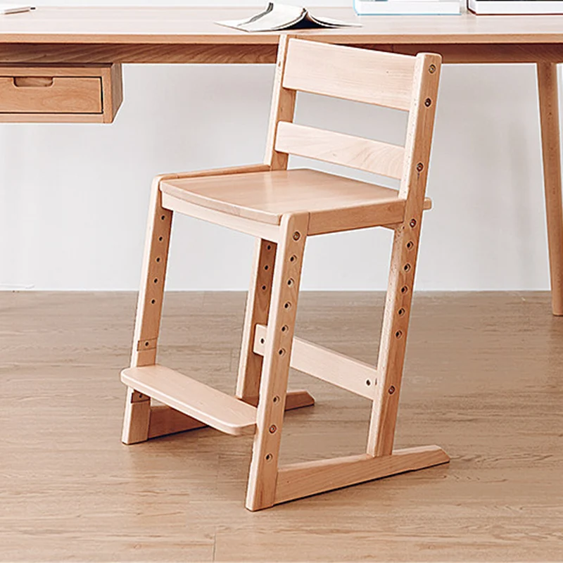 Traditional Chinese Beech Oak Wood Rectangular Adjustable Kids Desk Chair Backrest Armless For Living Room