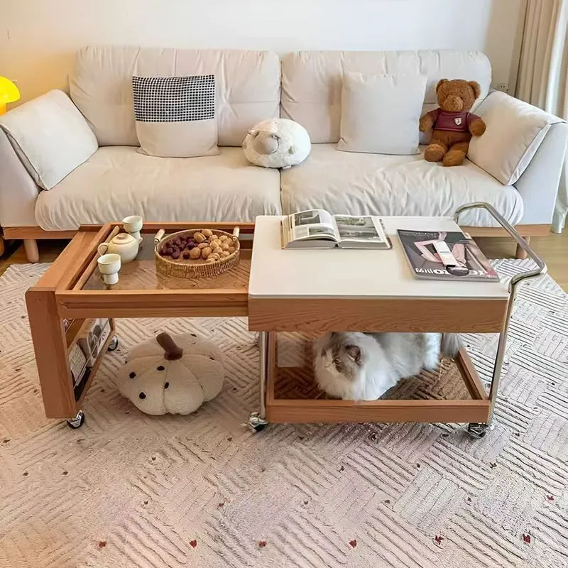 Modern Minimalist Stone Slab Solid Wood Plywood Glass Stainless Steel Rectangular End Table Movable 2-Tier Storage For Living Room