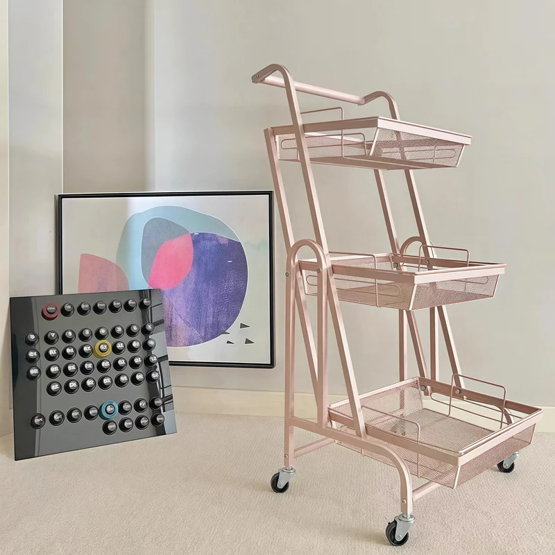 Modern Minimalist Carbon Steel Open Square Rolling Storage Shelf 3-Tier For Living Room