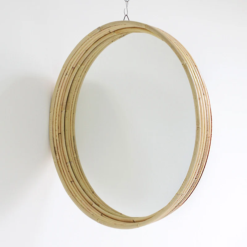 Contemporary Scandinavian Handwoven Indonesian Rattan Round Wall Mirror - Natural Woven Decorative Mirror For Living Room, Bedroom & Entryway