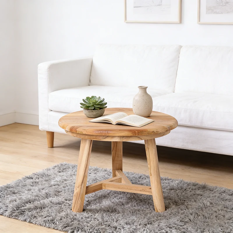 Traditional Japanese Teak Wood Side Table - Low Round Accent Table For Living Room