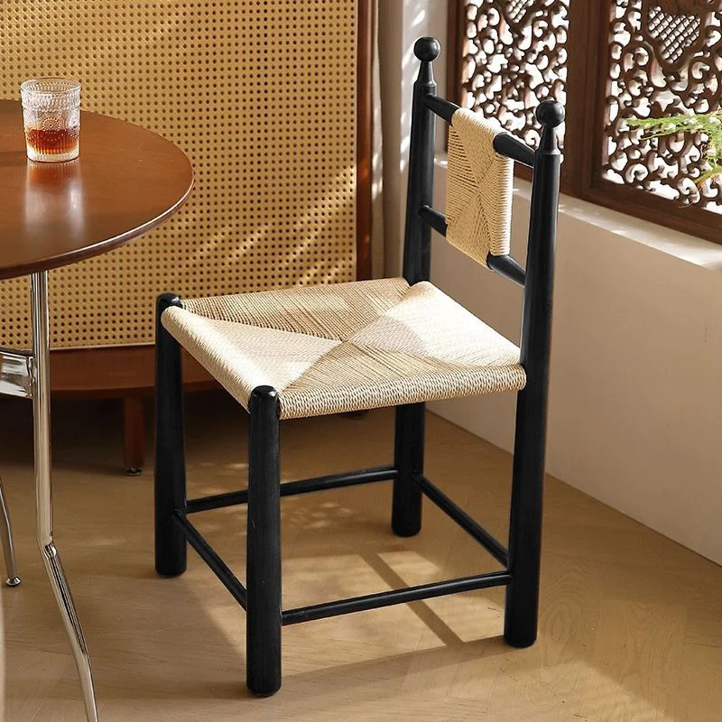 Contemporary Scandinavian Rectangular Kraft Paper Weaving Solid Wood Bistro Dining Chair With Backrest & Footrest For Dining Room