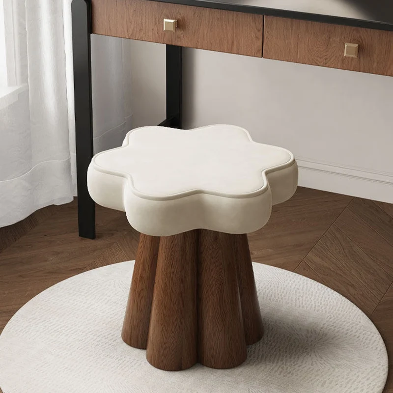 Contemporary Nordic Solid Wood Velvet Sponge Petal-Shaped Rotatable Vanity Stool Backless Armless For Bedroom