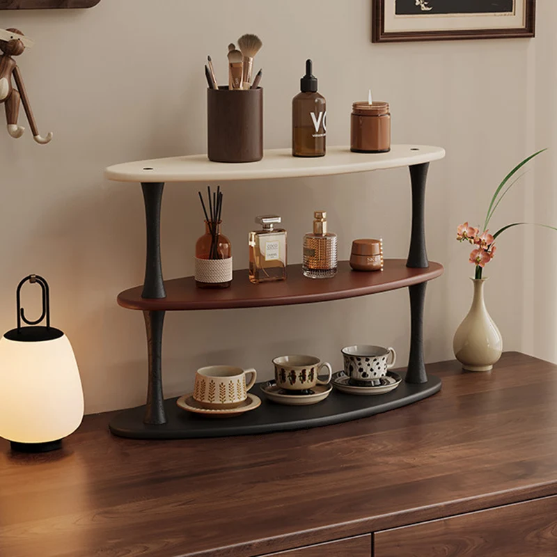 Contemporary Retro Rubberwood MDF Oval Lightweight Desktop Storage Shelf 3-Layer For Living Room & Entryway