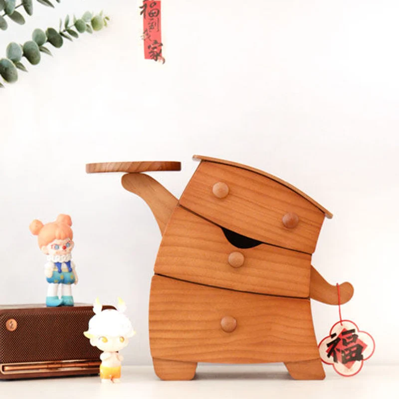Contemporary Creative Pine Wood Plywood Velvet Cartoon Desktop Storage 3-Drawer For Living Room & Entryway