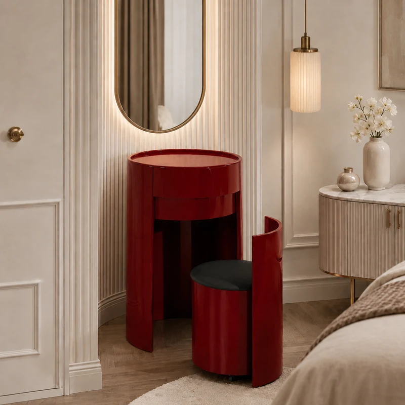 Nordic Round Makeup Vanity Set - MDF Dressing Table With 2 Drawers & Rolling Storage Chair