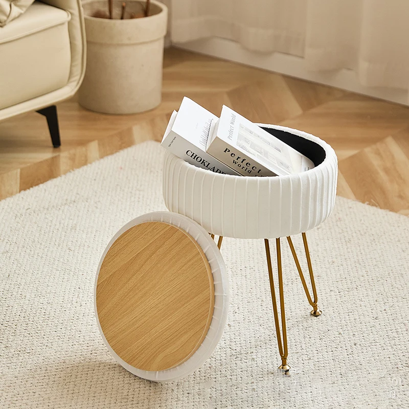 Contemporary Nordic Velvet Sponge Iron MDF Round Hidden Storage Compartment Vanity Stool Backless Armless For Bedroom