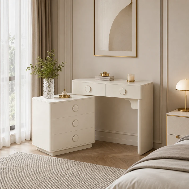 Modern Minimalist Medium Density Fiberboard Makeup Vanity - Rounded Design Dressing Table 5-Drawers For Bedroom