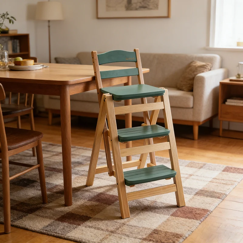 Modern Minimalist Pine Wood Triangular Multistep Foldable Bar Stool Backrest For Dining Room