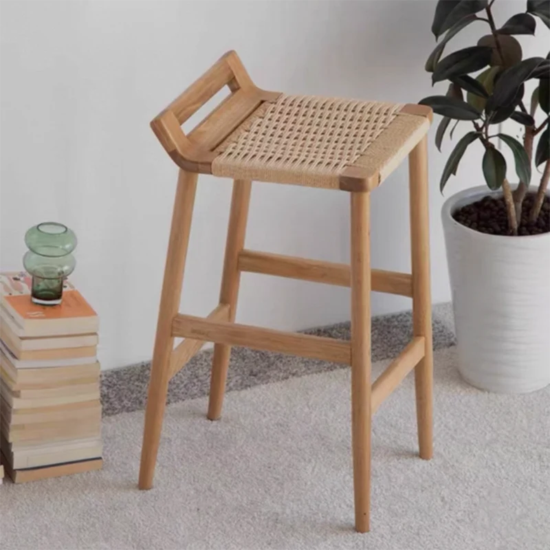 Traditional Japanese Red Oak Wood Hemp Rope Weaving Trapezoidal Bar Stool Backrest Armless For Dining Room