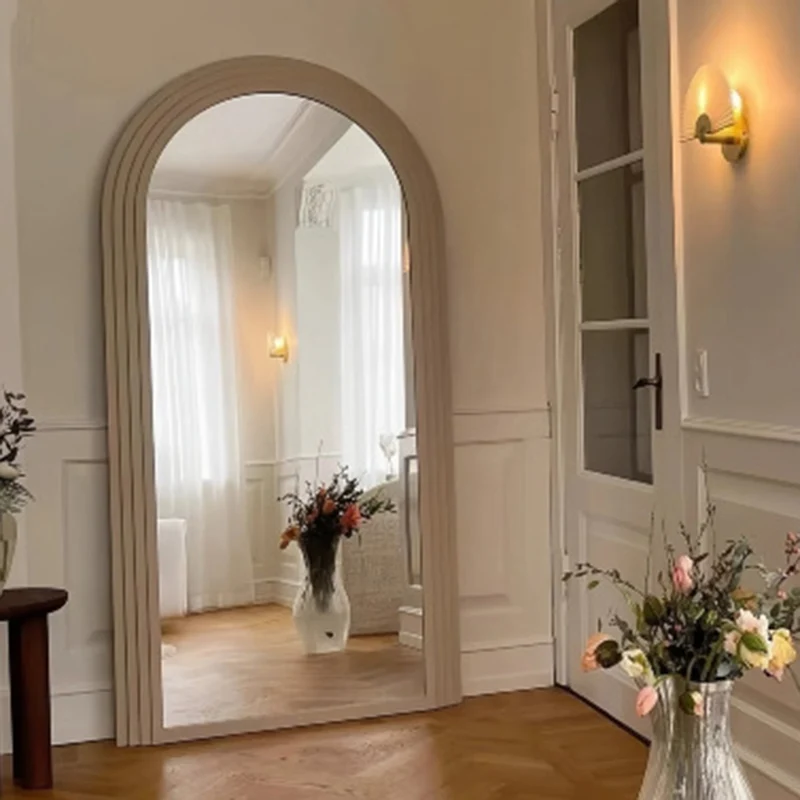 Contemporary Retro Pine Wood Arched Leaning Full-Length Mirror For Bedroom & Living Room Elegant Floor Mirror