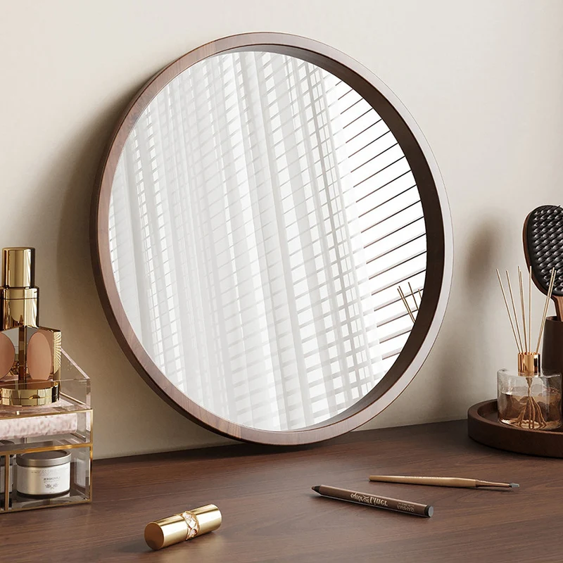Modern Minimalist Rubber Wood Round HD Makeup Mirror For Bedroom & Bathroom Wall Mounted Or Leaning