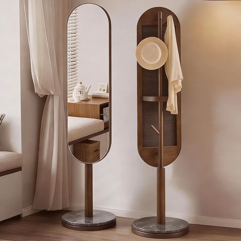 Modern Luxury Rubberwood Marble MDF Oval Rotating Full-Length Floor Mirror For Bedroom