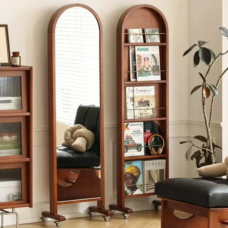 Contemporary Retro Solid Wood & Plywood Aluminum Alloy Glass Arched Storage Shelf 5-Tier Storage With Mirror And Wheels For Living Room Bedroom
