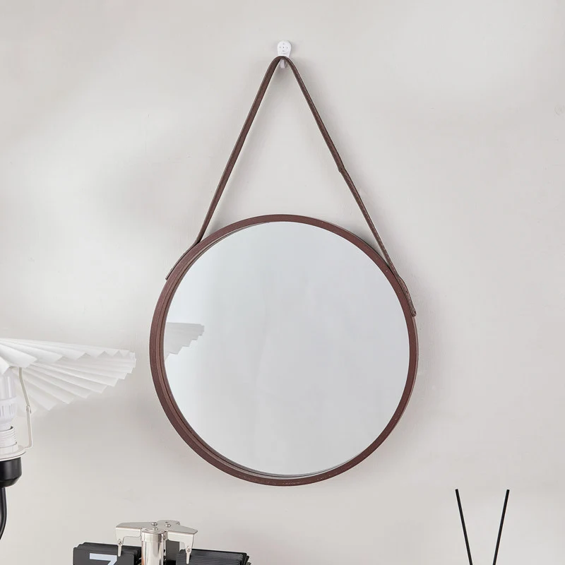 Modern Minimalist Round Faux Leather Medium Density Fiberboard Glass Wall Mirror Hanging Mirror For Bedroom