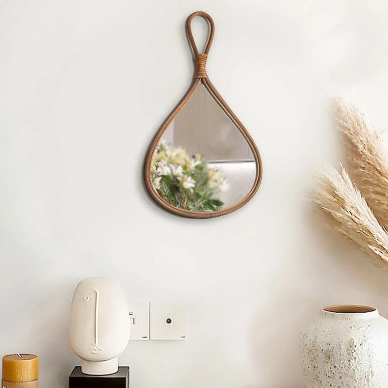 Traditional Chinese Round Teardrop-Shaped Natural Rattan Medium Density Fiberboard Glass Wall Mirror Hanging Mirror For Bedroom