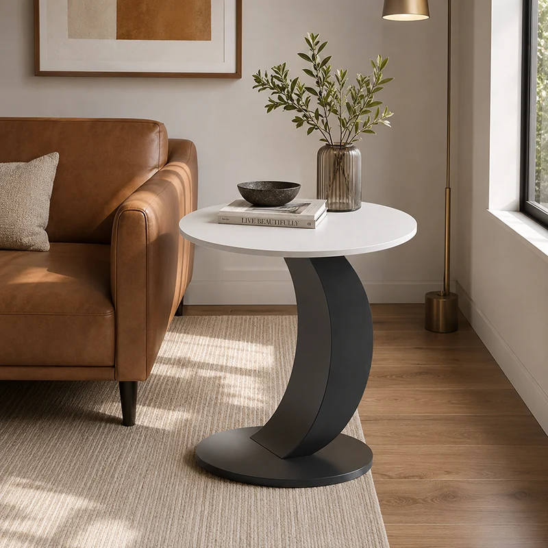 Modern Minimalist Stone Slab Iron Round End Table For Living Room