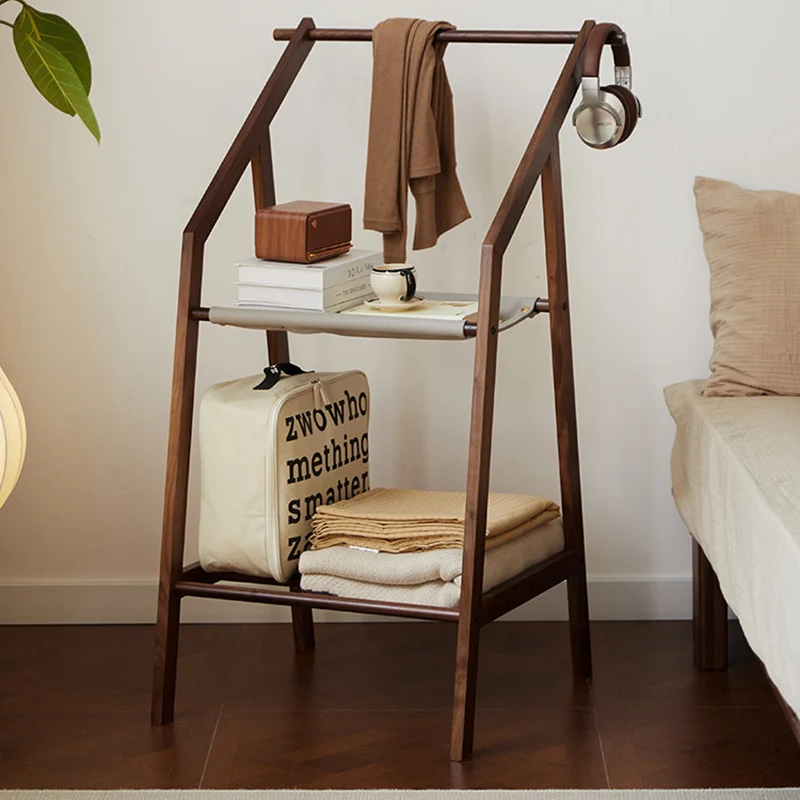 Traditional Japanese Walnut Wood Tech Fabric Geometric Line Storage Shelf 2-Tier For Entryway & Hallway