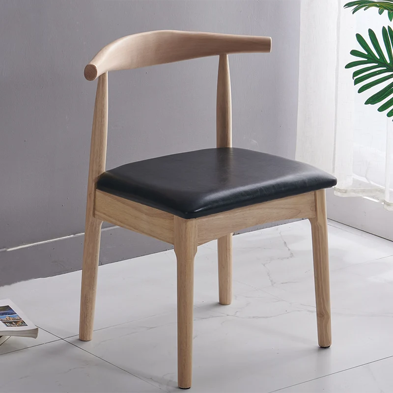 Contemporary Nordic Solid Rubberwood & Plywood Faux Leather Horn Dining Chair With Backrest For Dining Room & Living Room
