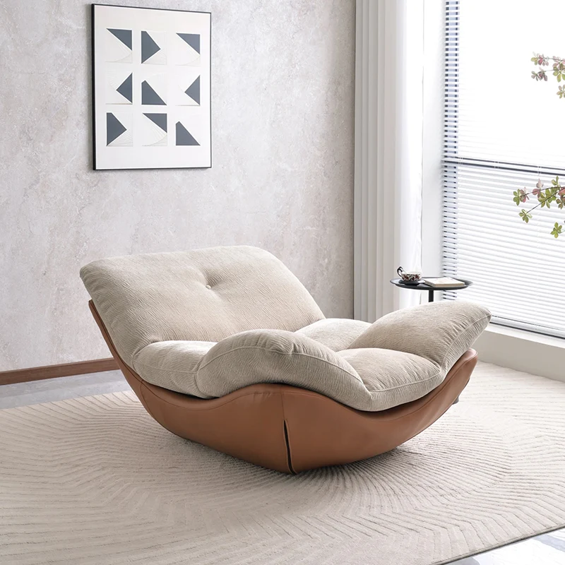 Contemporary Chenille Lazy Curved Ergonomic Design Accent Chair - Nordic Accent Floor Sofa With Eco Leather Base & High-Density Cushion For Living Room