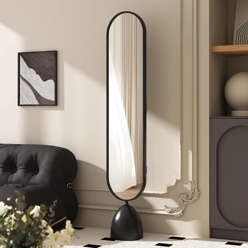 Modern Minimalist Iron Plastic Glass Oval Swivel Full-Length Floor Mirror With Storage & Clothing Rack For Bedroom & Living Room