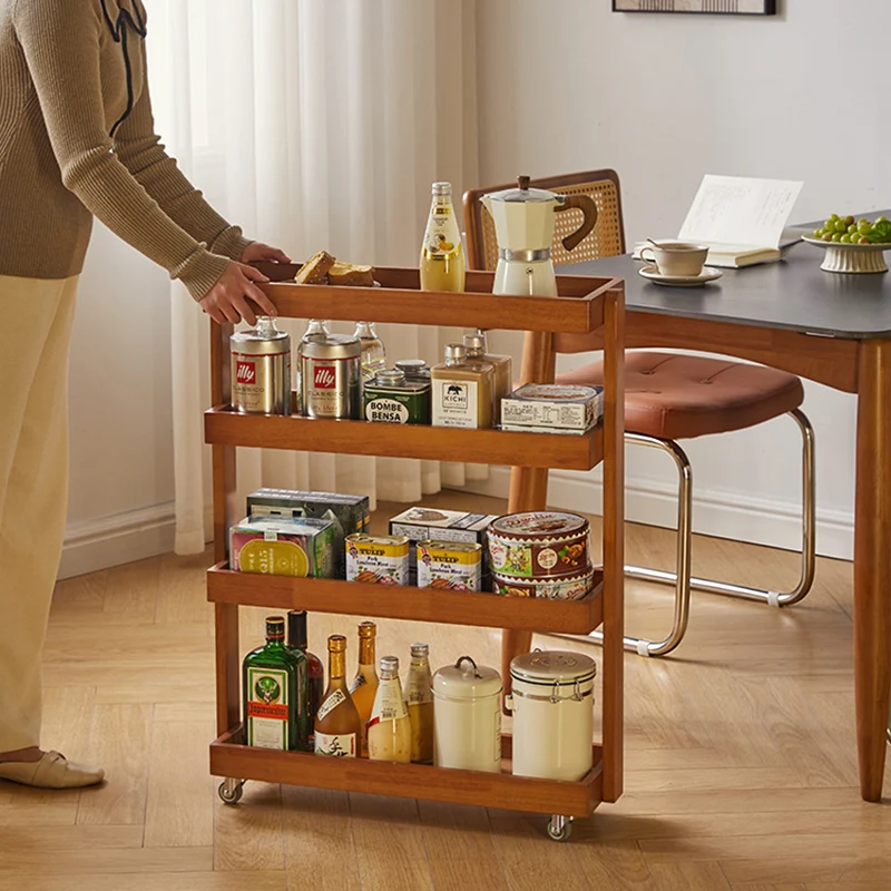 Contemporary Retro Rubberwood Metal Rectangular Narrow Storage Shelf With Wheels 4-Tier For Living Room