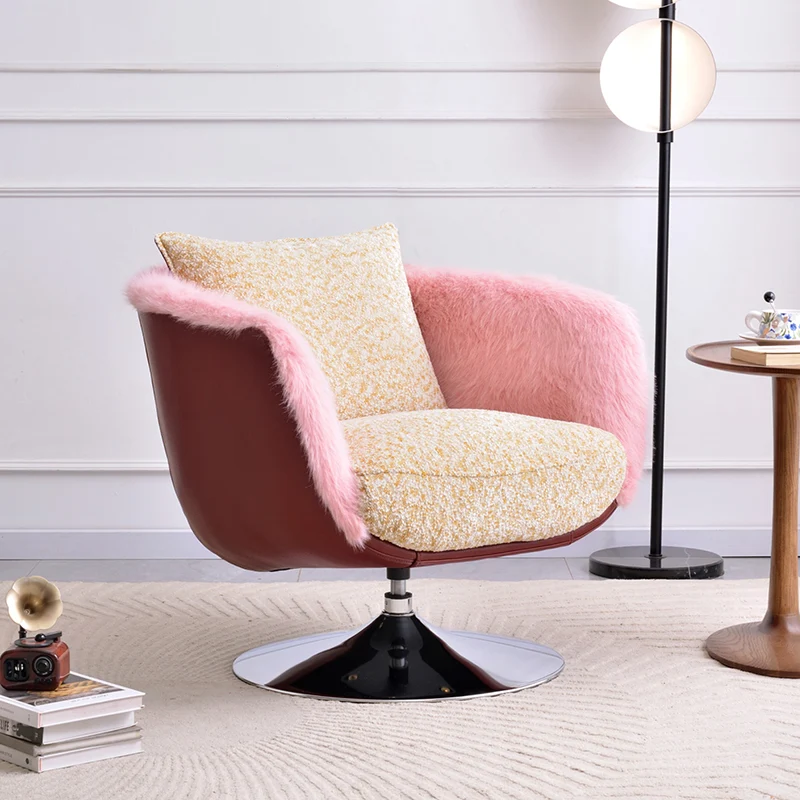 Scandinavian Faux Fur 360 Swivel Accent Chair - Faux Eco-Leather & Chenille Fabric Lounge Chair For Living Room & Bedroom