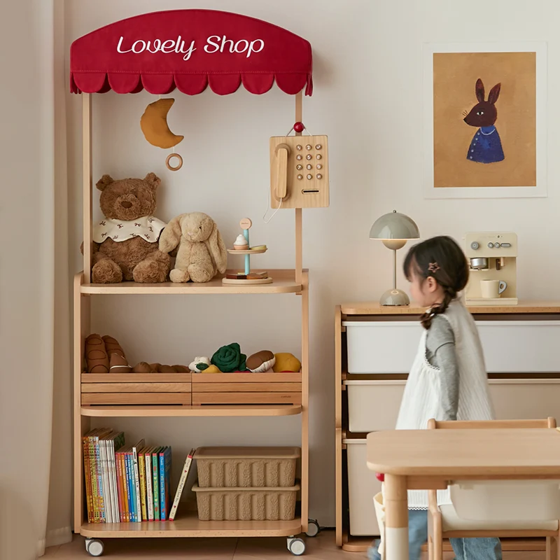 Contemporary Retro Solid Beech Wood & Plywood Canvas Ceramics Montessori Toy Storage Shelf - Convertible Double-Sided Kids Bookshelf & Play Market Organizer With Wheels