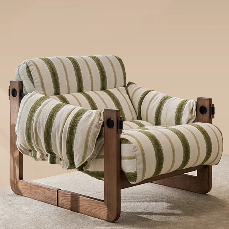 Vintage Ash Wood Striped Lounge Chair - Plush Linen Chenille Linen Accent Armchair For Living Room