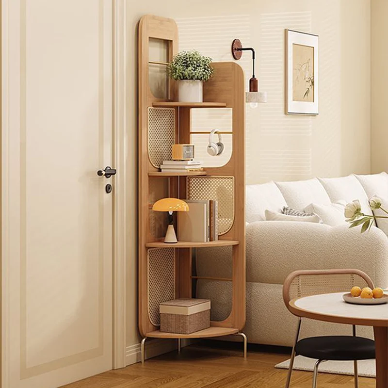 Traditional Chinese Bamboo Rattan Stainless Steel Right Angle Square Arched Storage Shelf 4-Tier For Living Room