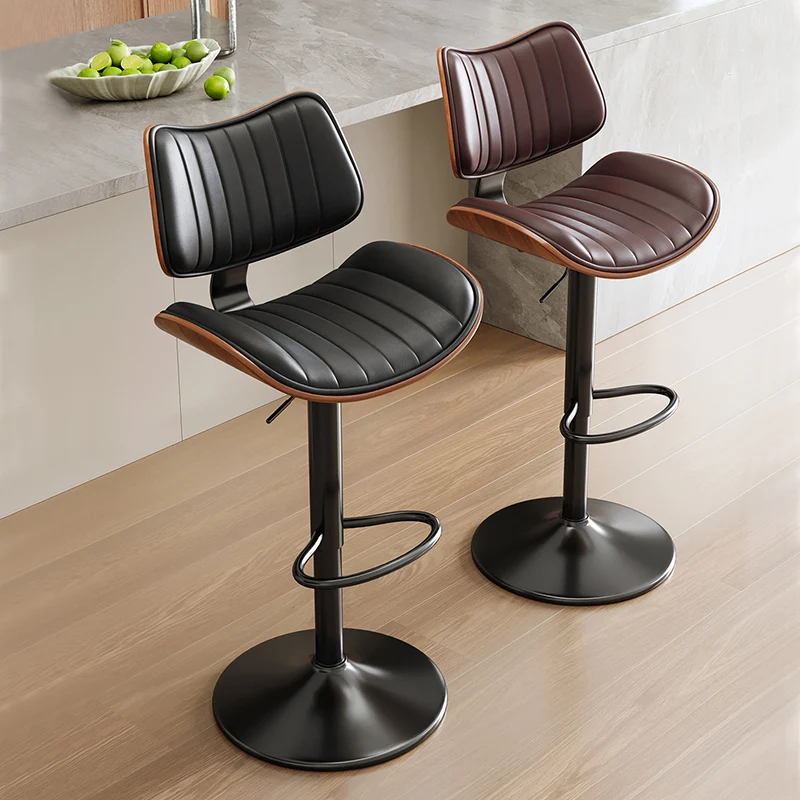 Contemporary Luxury Curved Rectangular Solid Wood PU Leather Iron Steel Swivel Height-Adjustable Bar Stool Backrest Armless For Dining Room & Kitchen